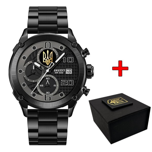 Мужские часы Awarder 016 Тризуб золото Black-Black Steel с хронографом и стальным браслетом