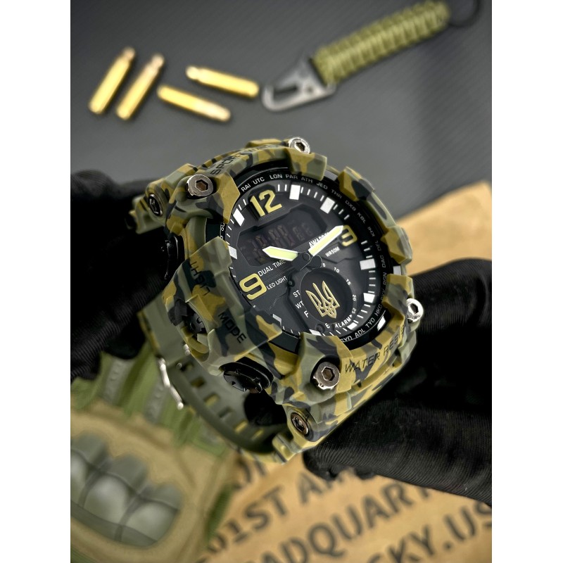 Мужские тактические часы Awarder 003 Тризуб золото Army Green с комбинированным циферблатом