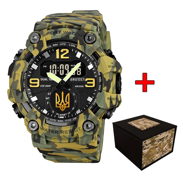 Мужские тактические часы Awarder 003 Тризуб золото Army Green с комбинированным циферблатом