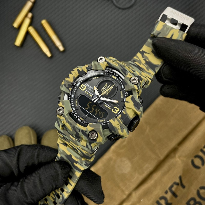 Мужские тактические часы Awarder 001 Тризуб золото Camo Green с камуфляжным ремешком и подсветкой