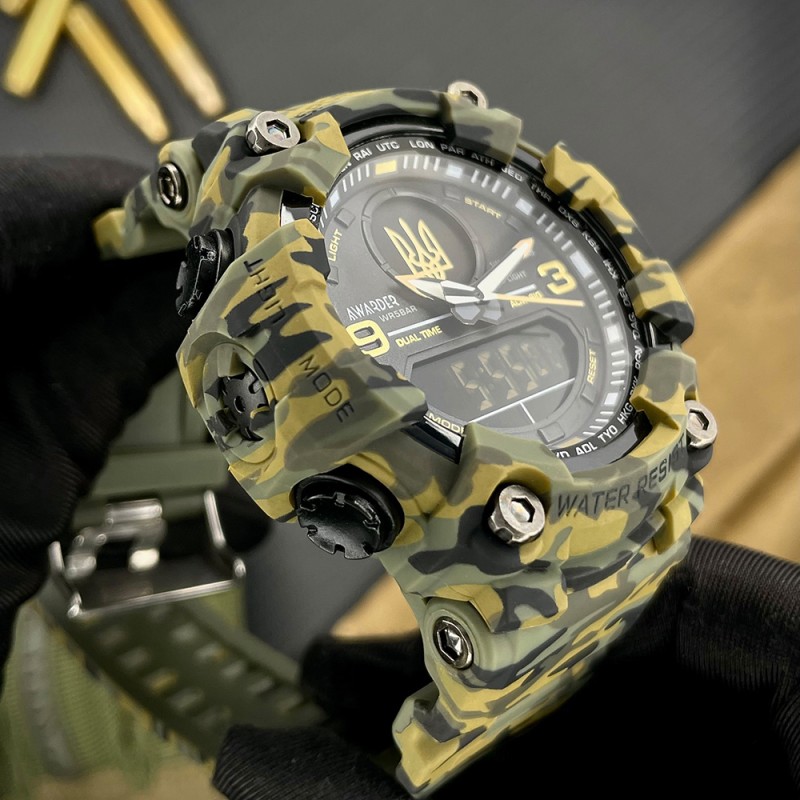 Мужские тактические часы Awarder 001 Тризуб золото Camo Green с камуфляжным ремешком и подсветкой