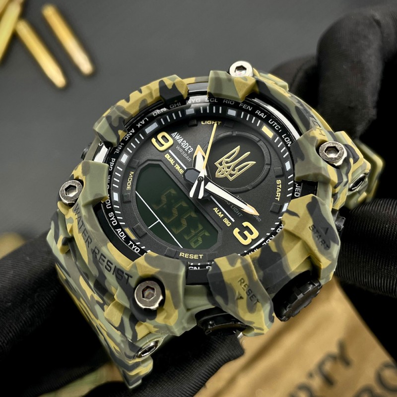 Мужские тактические часы Awarder 001 Тризуб золото Camo Green с камуфляжным ремешком и подсветкой