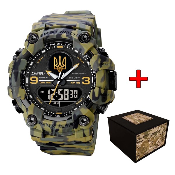 Мужские тактические часы Awarder 001 Тризуб золото Camo Green с камуфляжным ремешком и подсветкой