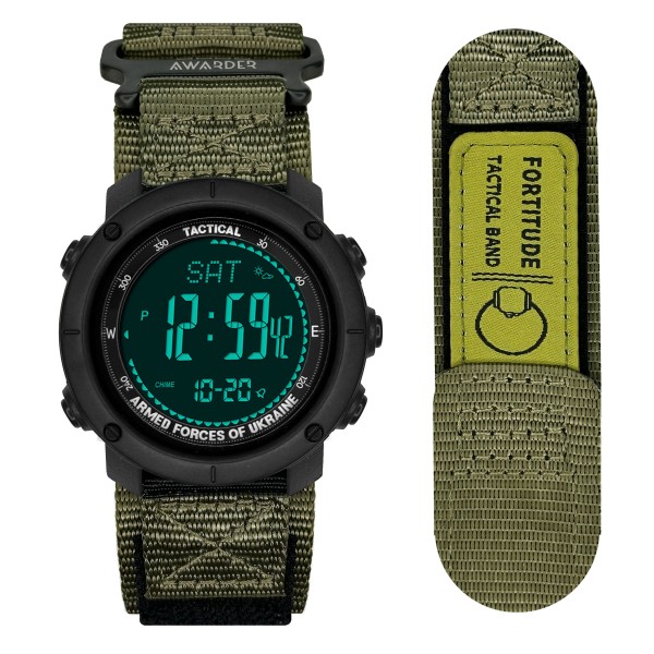 Мужские тактические часы Awarder 036 Compass UA Nylon Black-Army Green с компасом и подсветкой