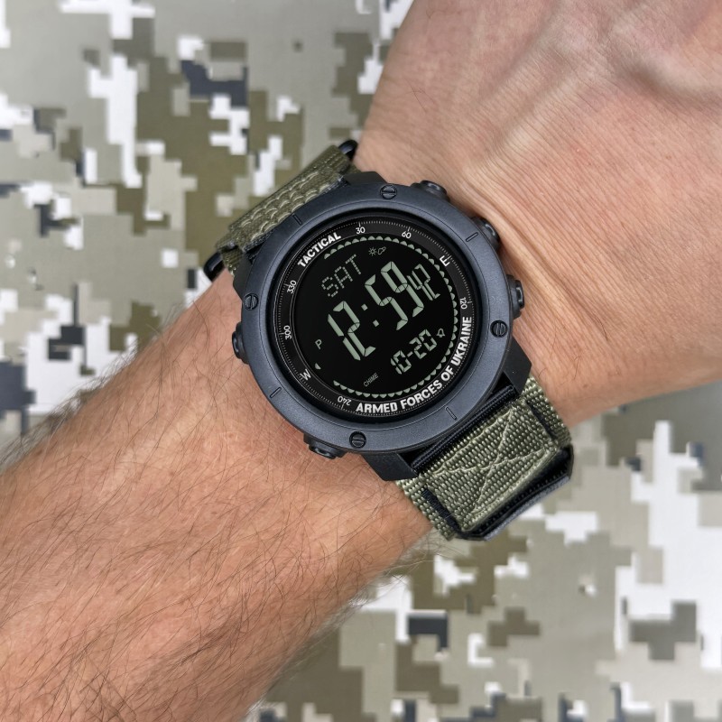 Тактичний годинник Awarder 036 Compass UA Nylon Pro Black-Army Green з електронним компасом та нейлоновим ремінцем