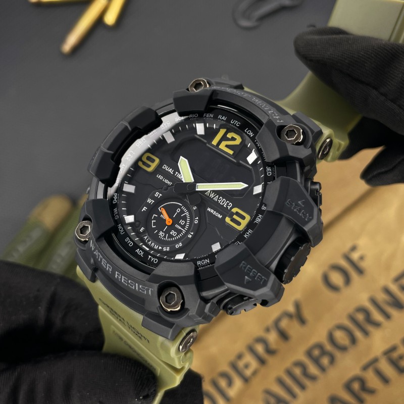 Мужские тактические часы Awarder 004 Army Green с комбинированным циферблатом и защитой 5 ATM