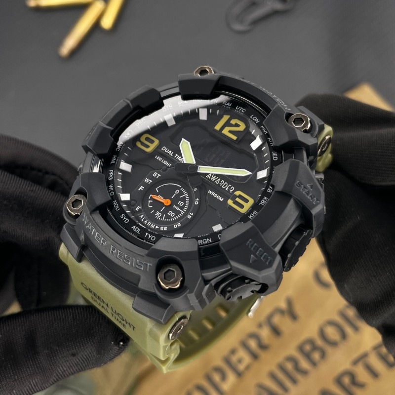 Мужские тактические часы Awarder 004 Army Green с комбинированным циферблатом и защитой 5 ATM