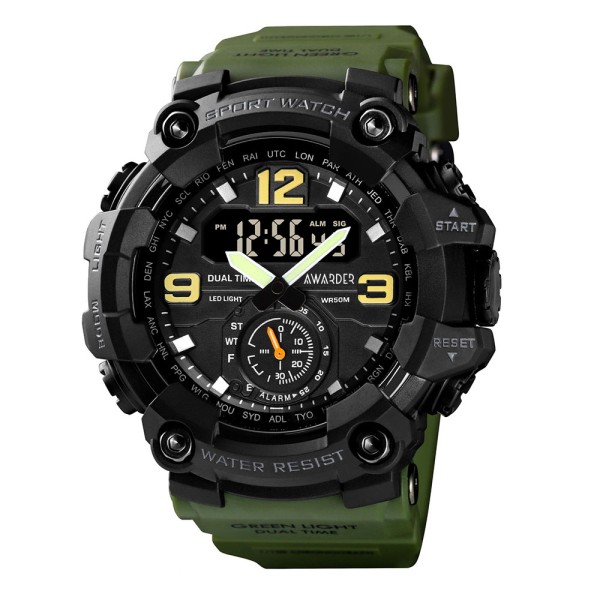 Мужские тактические часы Awarder 004 Army Green с комбинированным циферблатом и защитой 5 ATM