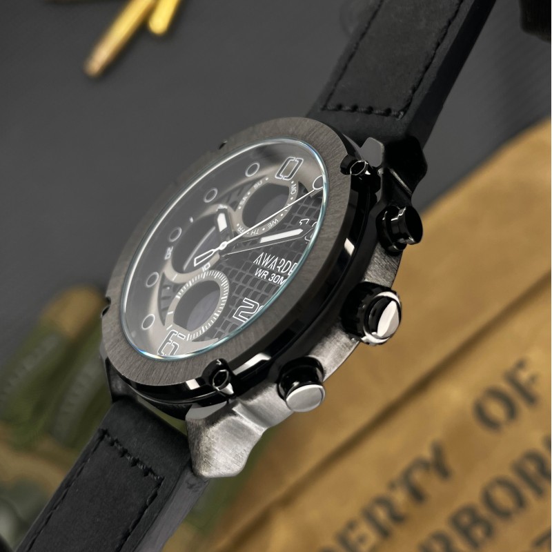 Мужские наручные часы Awarder 017 Black Leather со стрелочно-электронным циферблатом и подсветкой