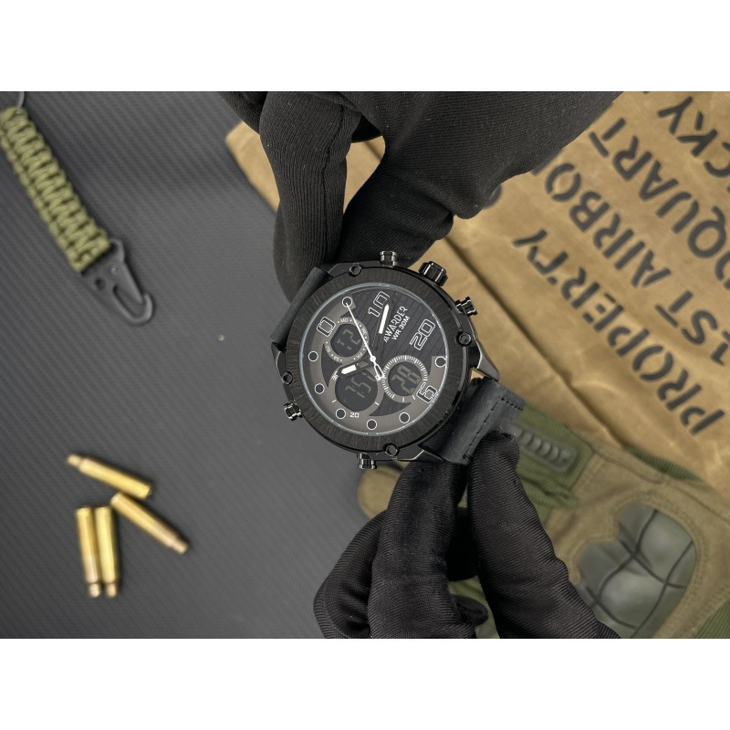 Мужские наручные часы Awarder 017 Black Leather со стрелочно-электронным циферблатом и подсветкой