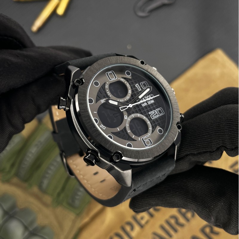 Мужские наручные часы Awarder 017 Black Leather со стрелочно-электронным циферблатом и подсветкой