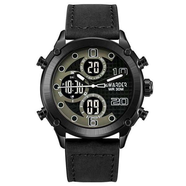 Мужские наручные часы Awarder 017 Black Leather со стрелочно-электронным циферблатом и подсветкой