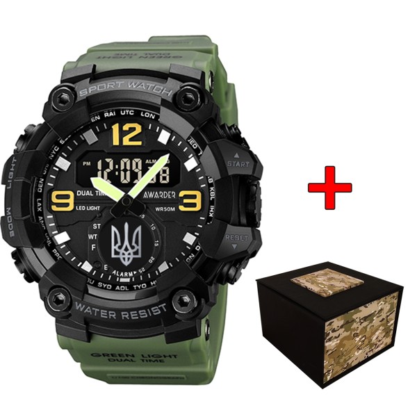 Мужские тактические часы Awarder 003 Тризуб Army Green-Black с комбинированным циферблатом