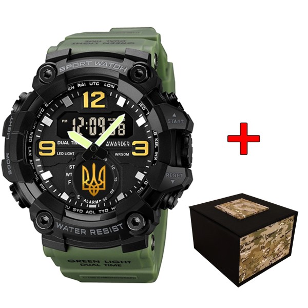 Мужские тактические часы Awarder 003 Тризуб золото Army Green-Black с комбинированным циферблатом