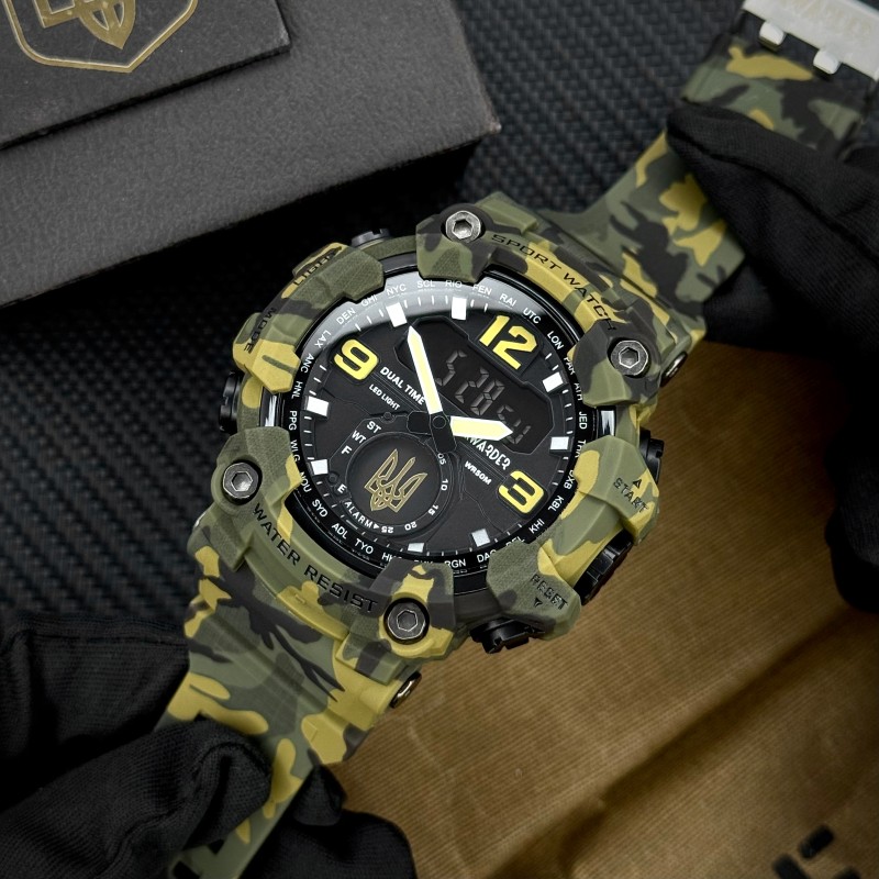 Мужские тактические часы Awarder 004 Тризуб золото Camo Green с камуфляжным ремешком и подсветкой