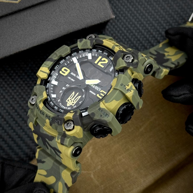 Мужские тактические часы Awarder 004 Тризуб золото Camo Green с камуфляжным ремешком и подсветкой
