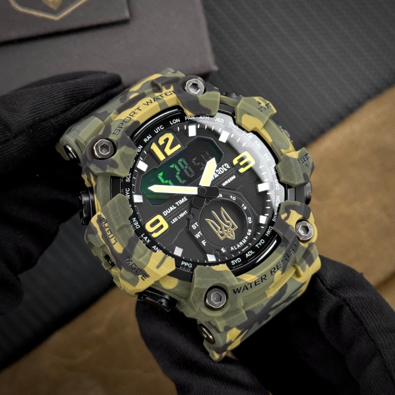 Мужские тактические часы Awarder 004 Тризуб золото Camo Green с камуфляжным ремешком и подсветкой