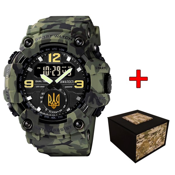 Мужские тактические часы Awarder 004 Тризуб золото Camo Green с камуфляжным ремешком и подсветкой