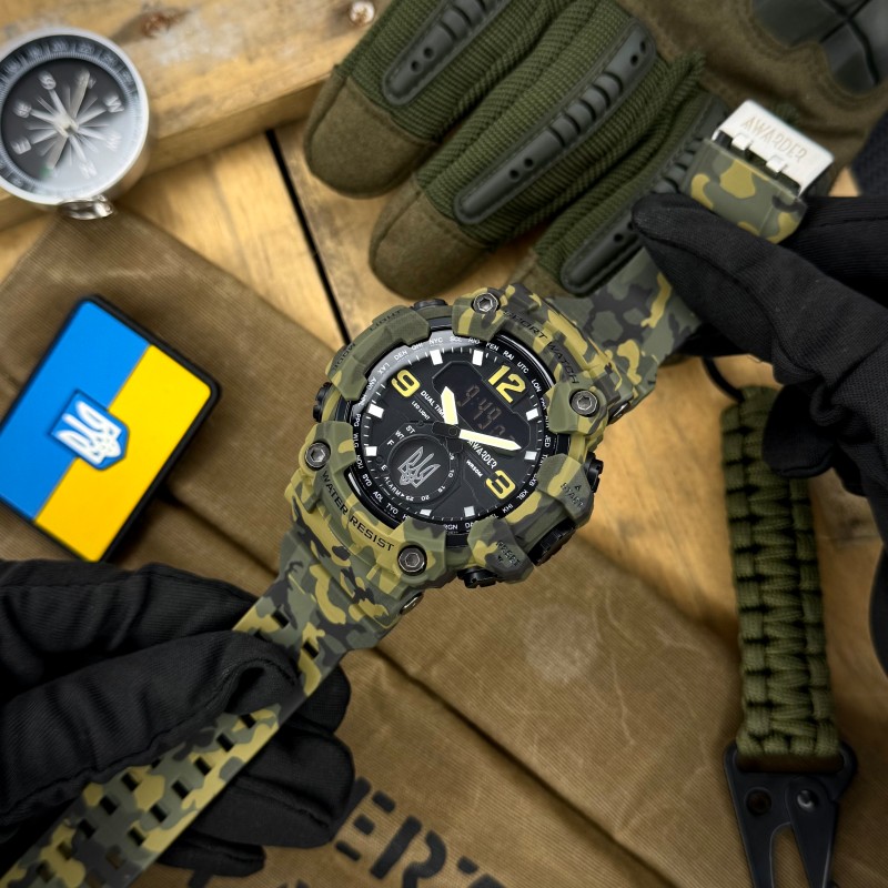 Мужские часы Awarder 004 Тризуб серебро Camo Green — тактические водонепроницаемые 5 ATM