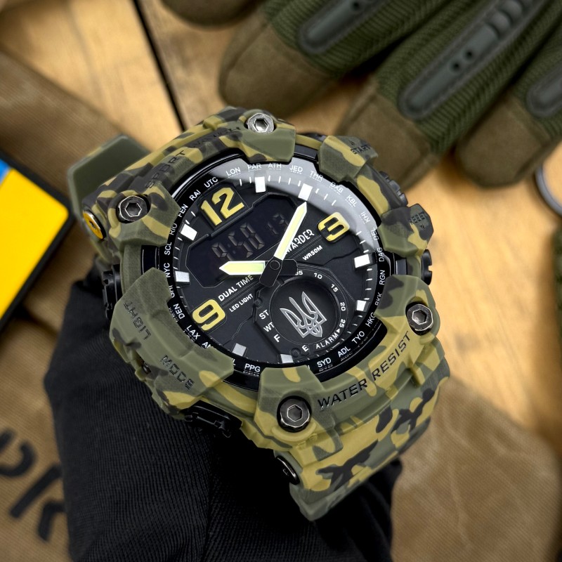Мужские часы Awarder 004 Тризуб серебро Camo Green — тактические водонепроницаемые 5 ATM