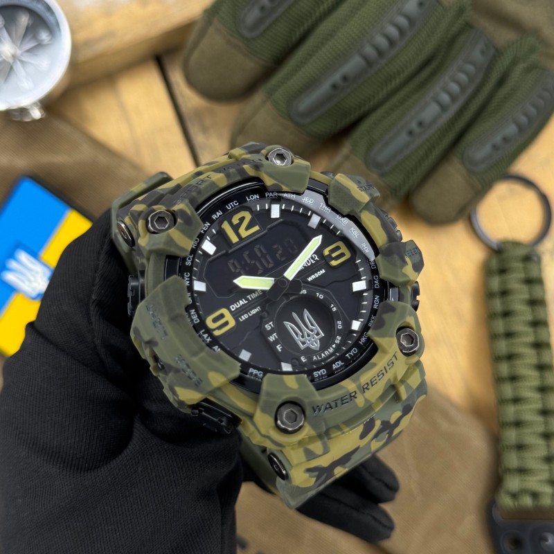 Мужские часы Awarder 004 Тризуб серебро Camo Green — тактические водонепроницаемые 5 ATM