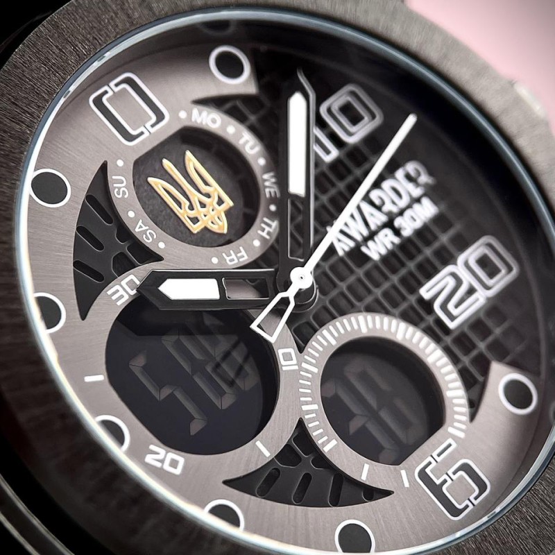 Чоловічий годинник Awarder 017 Тризуб золото All Black Steel з комбінованим циферблатом