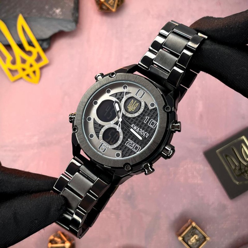 Чоловічий годинник Awarder 017 Тризуб золото All Black Steel з комбінованим циферблатом