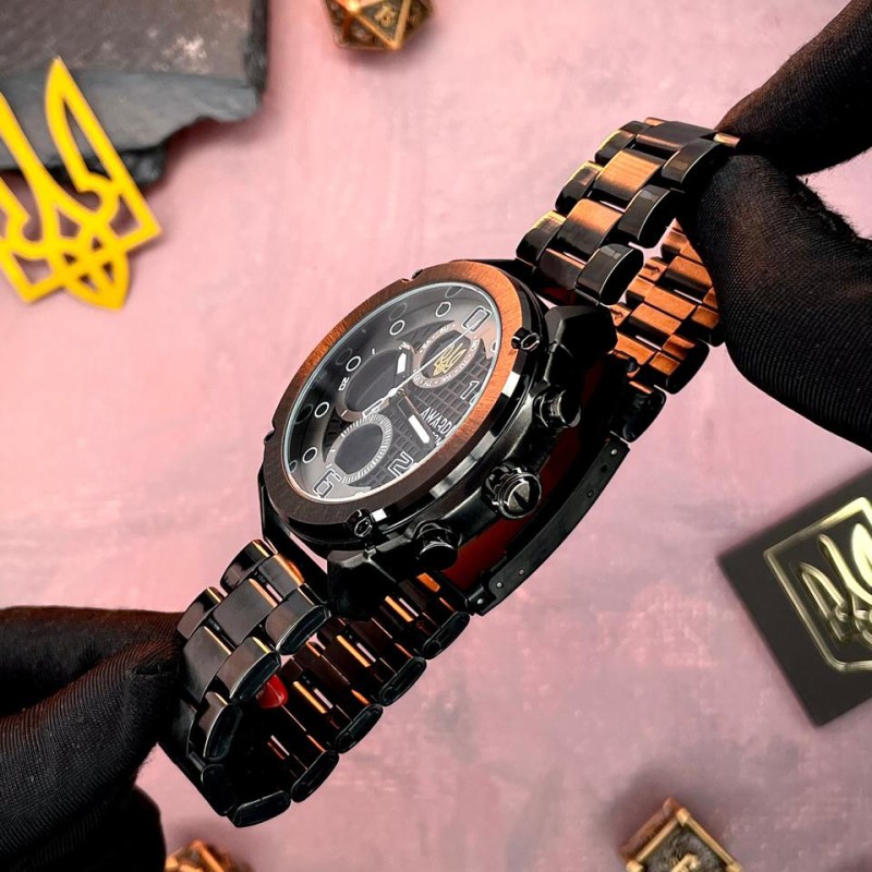 Чоловічий годинник Awarder 017 Тризуб золото All Black Steel з комбінованим циферблатом