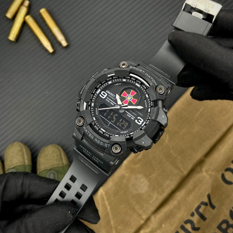 Чоловічий тактичний годинник Awarder 001 ЗСУ All Black з комбінованим циферблатом та водозахистом 5 ATM