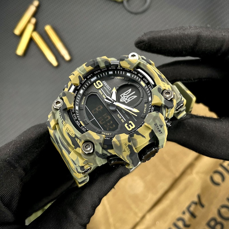 Мужские тактические часы Awarder 001 Тризуб Camo Green с комбинированным циферблатом и защитой 5 ATM