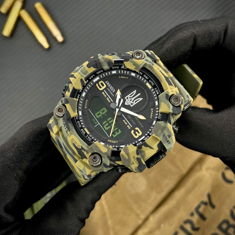 Мужские тактические часы Awarder 001 Тризуб Camo Green с комбинированным циферблатом и защитой 5 ATM