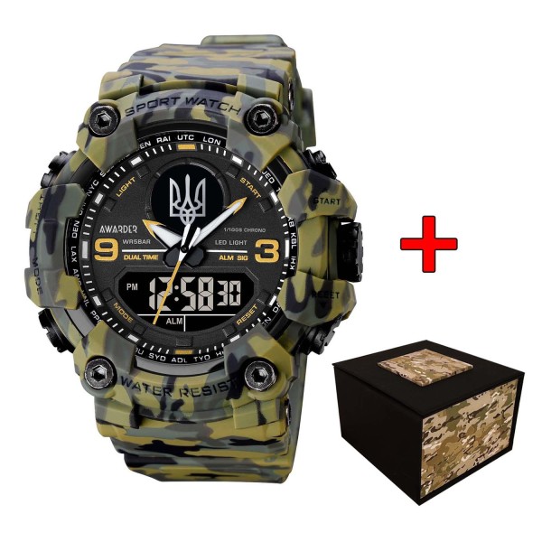 Мужские тактические часы Awarder 001 Тризуб Camo Green с комбинированным циферблатом и защитой 5 ATM