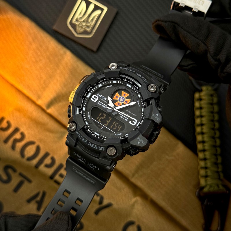 Чоловічий тактичний годинник Awarder 001 ДСНС All Black з комбінованим циферблатом та захистом 5 ATM
