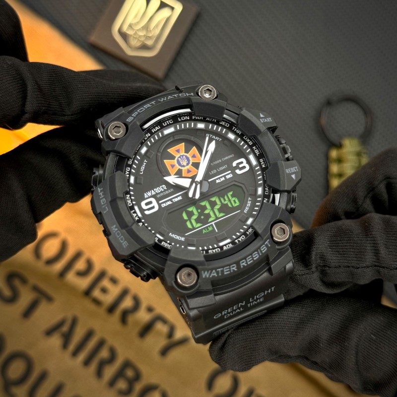 Чоловічий тактичний годинник Awarder 001 ДСНС All Black з комбінованим циферблатом та захистом 5 ATM