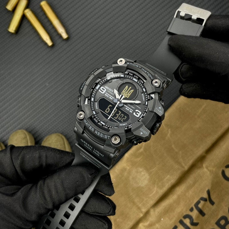 Мужские тактические часы Awarder 001 Тризуб золото All Black с комбинированным циферблатом
