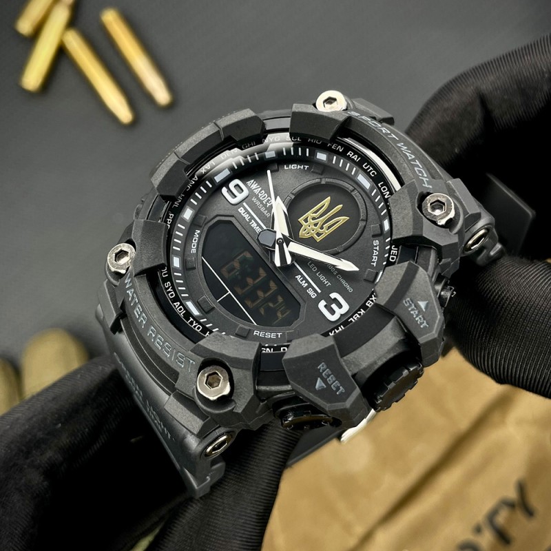 Мужские тактические часы Awarder 001 Тризуб золото All Black с комбинированным циферблатом