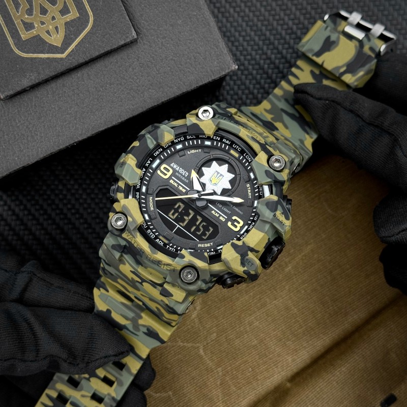 Мужские тактические часы Awarder 001 Полиция Camo Green с комбинированным циферблатом и водозащитой 5 ATM