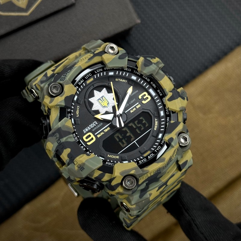 Мужские тактические часы Awarder 001 Полиция Camo Green с комбинированным циферблатом и водозащитой 5 ATM