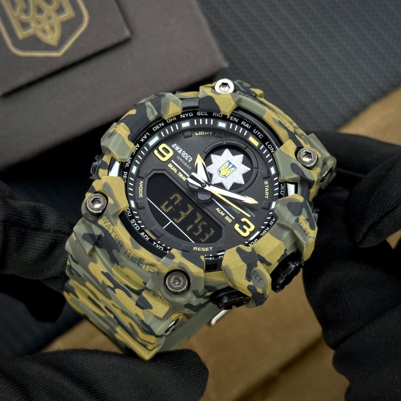 Мужские тактические часы Awarder 001 Полиция Camo Green с комбинированным циферблатом и водозащитой 5 ATM