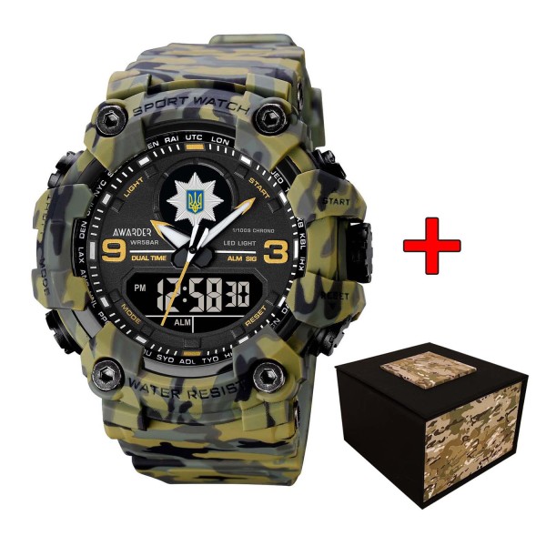 Мужские тактические часы Awarder 001 Полиция Camo Green с комбинированным циферблатом и водозащитой 5 ATM