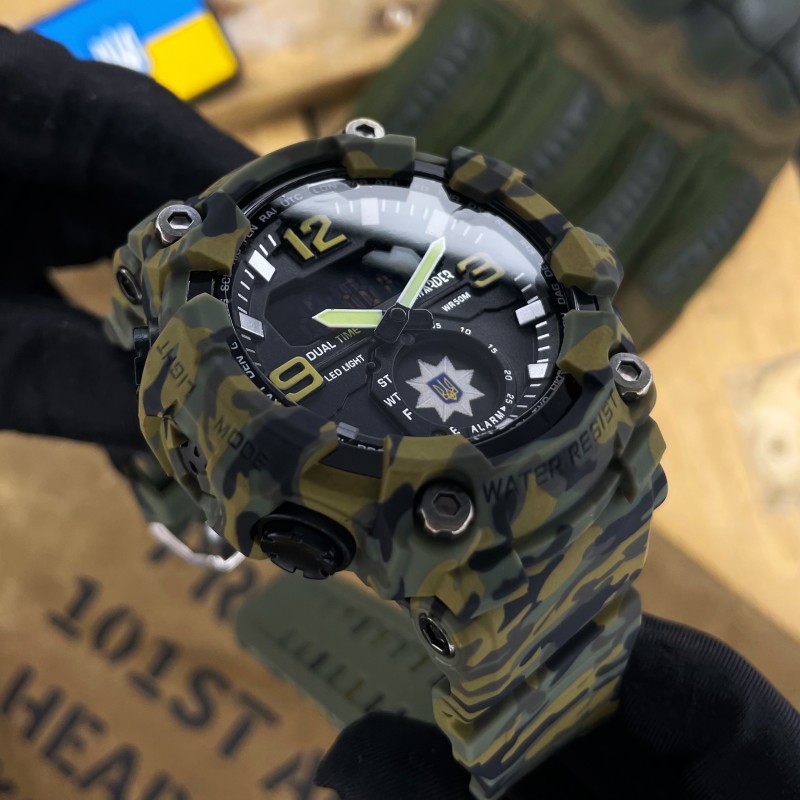 Мужские тактические часы Awarder 003 Полиция Camo Green с комбинированным циферблатом и водозащитой 5 ATM