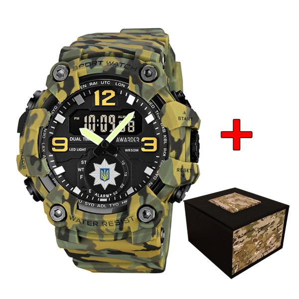 Мужские тактические часы Awarder 003 Полиция Camo Green с комбинированным циферблатом и водозащитой 5 ATM