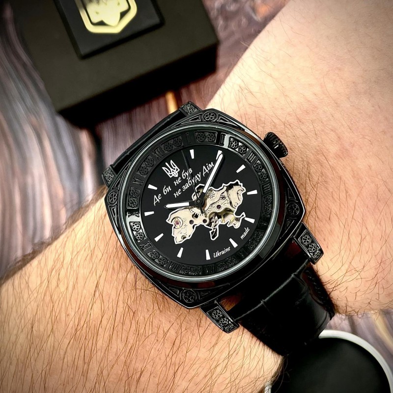 Мужские часы Awarder 021 Де би не був All Black механика с автоподзаводом и кожаным ремешком