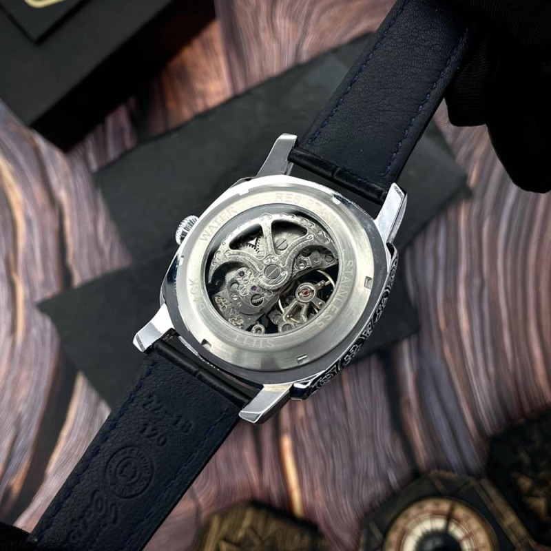 Чоловічий механічний годинник Awarder 021 Де би не був Silver-Black з автопідзаводом та шкіряним ремінцем