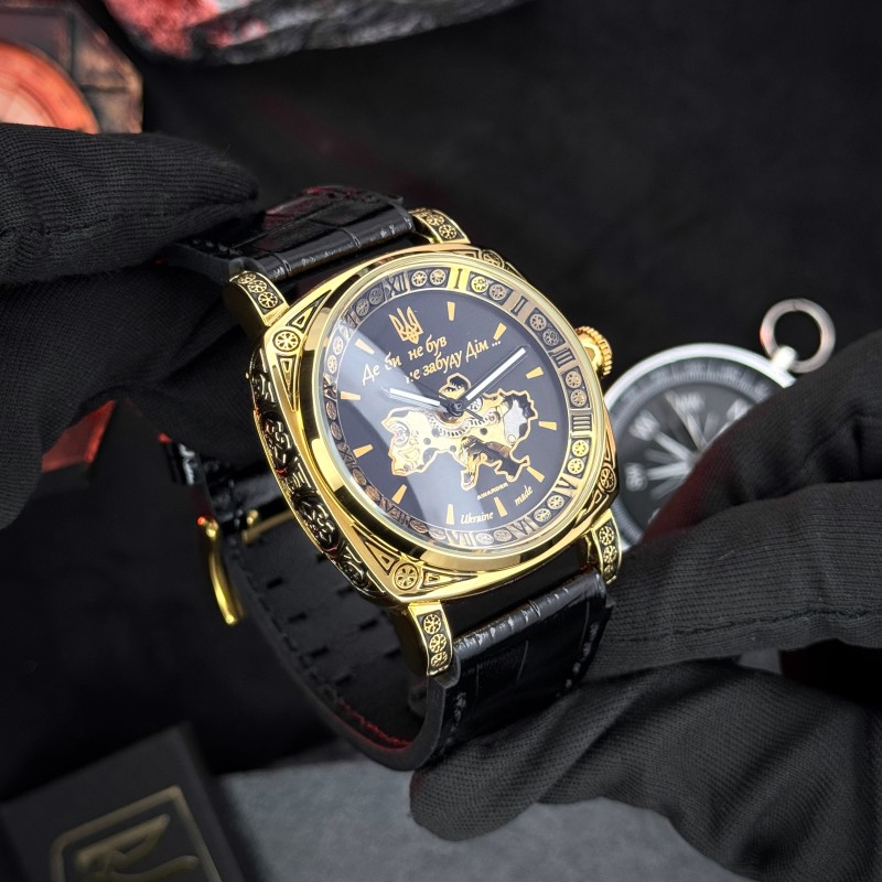 Мужские механические часы Awarder 021 Де би не був Gold-Black с автоподзаводом и кожаным ремешком