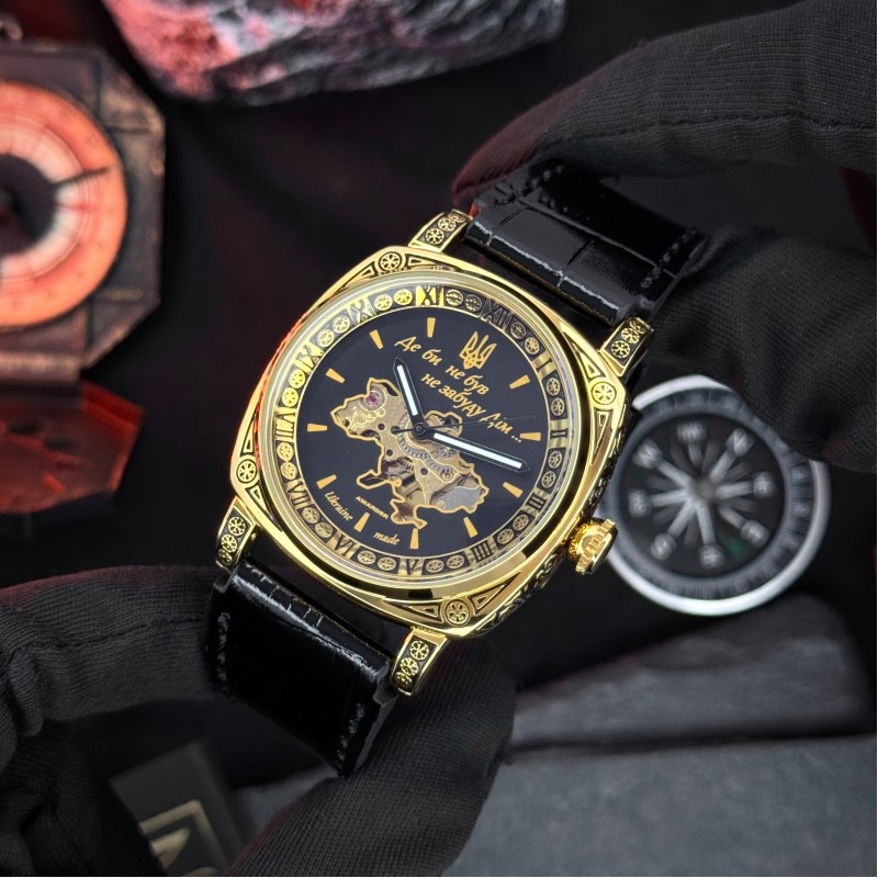 Мужские механические часы Awarder 021 Де би не був Gold-Black с автоподзаводом и кожаным ремешком
