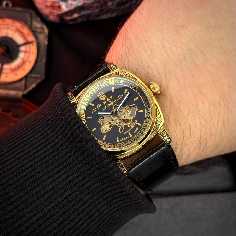Мужские механические часы Awarder 021 Де би не був Gold-Black с автоподзаводом и кожаным ремешком