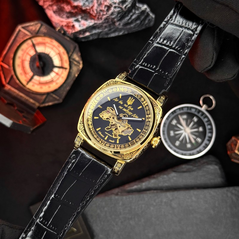 Мужские механические часы Awarder 021 Де би не був Gold-Black с автоподзаводом и кожаным ремешком