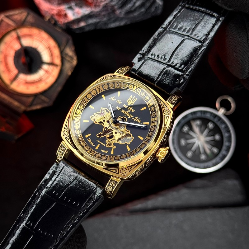 Мужские механические часы Awarder 021 Де би не був Gold-Black с автоподзаводом и кожаным ремешком