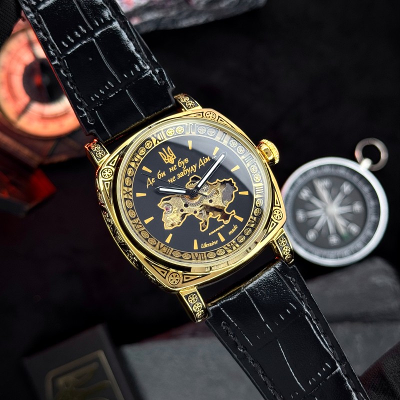 Мужские механические часы Awarder 021 Де би не був Gold-Black с автоподзаводом и кожаным ремешком